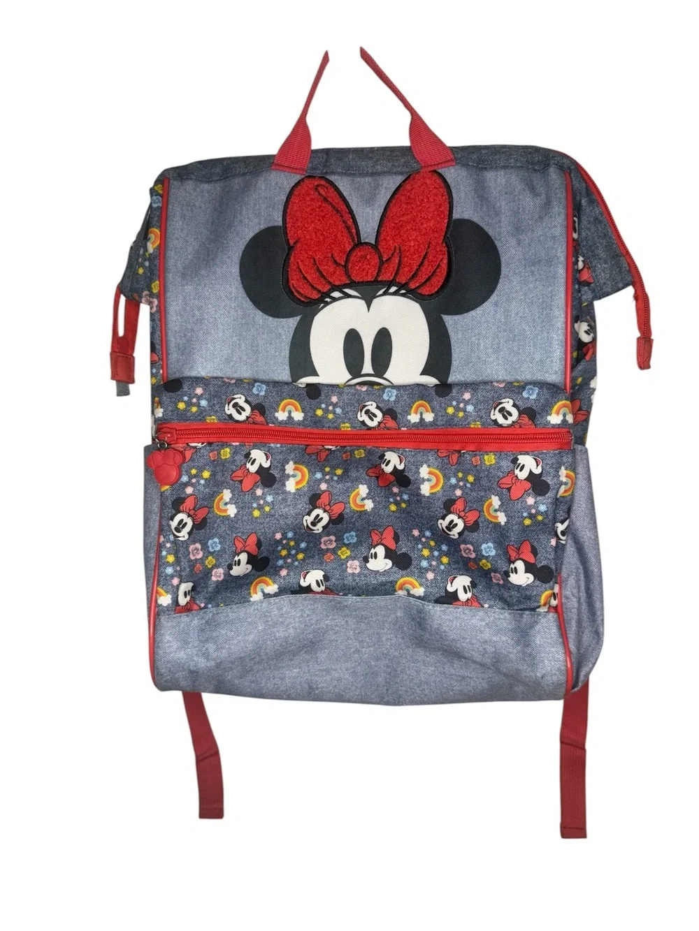 Disney Minnie Mouse Denim Rainbow Floral Pocket Backpack Bookbag Large